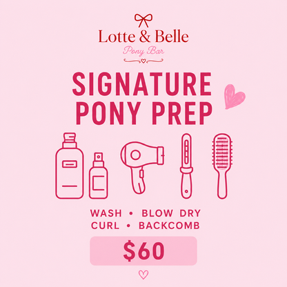 Lotte & Belle Co Pony Bar competition ponytail styling wash blow dry curl backcomb Auckland NZ