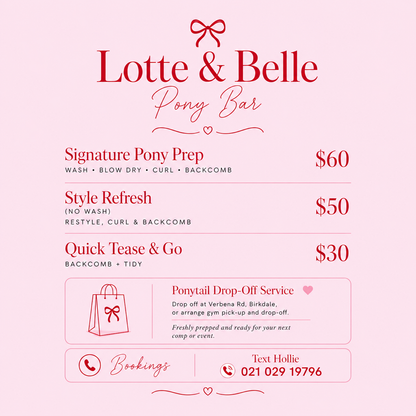 Pony Bar pricing guide — Signature Prep $60, Style Refresh $50, Quick Tease $30