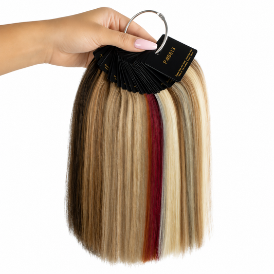 Lotte & Belle Co Signature Perfect Pony colour swatches — 14 shades from Platinum Blonde to Raven Black for cheerleading competitions